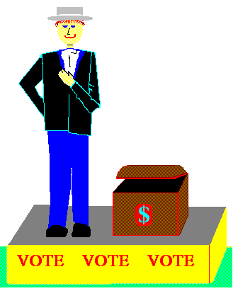 Illustration of politician on podium with money box.