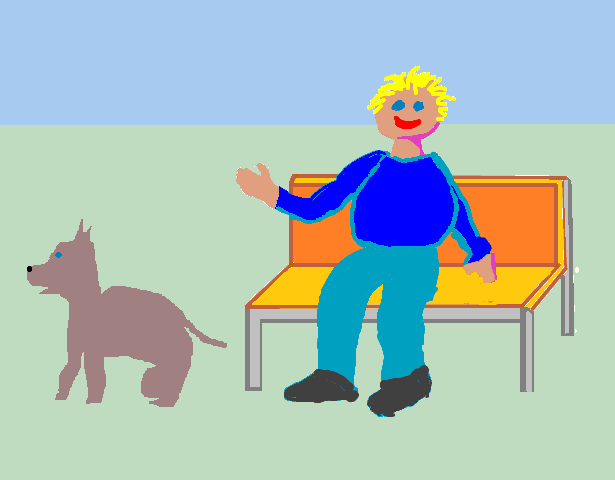 Illustration of a man sitting on park bench with a dog beside him.