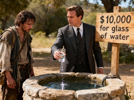 Offering high priced water to a traveller.